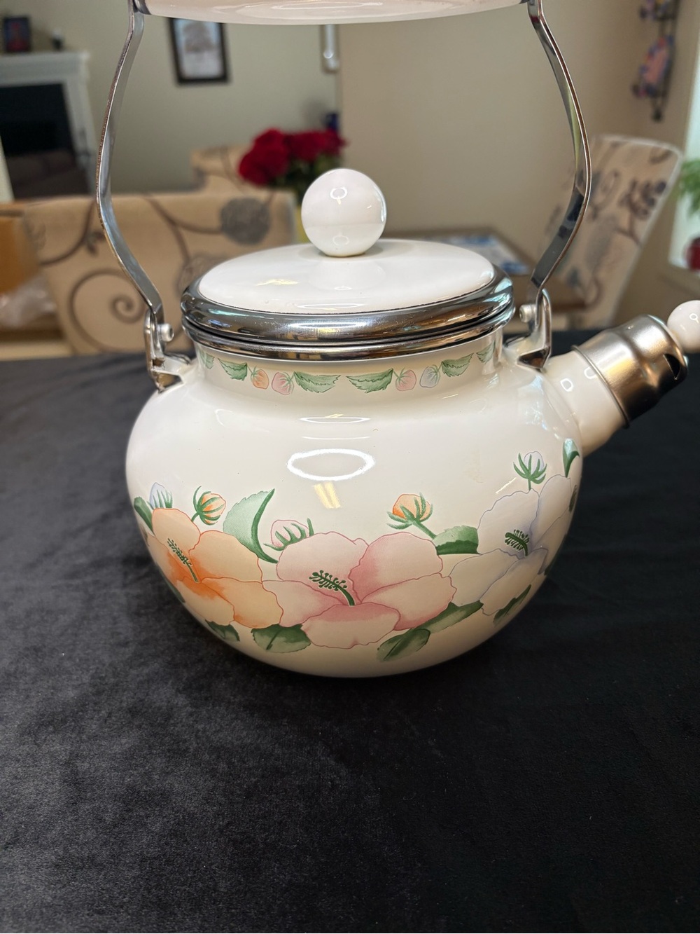 Kamenstein Teapot / White Enameled Steel/ Floral Pattern - Picture 3 of 10